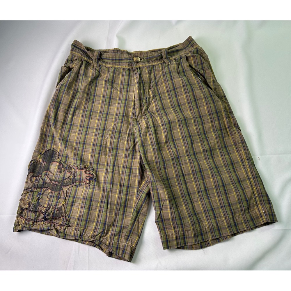 Disney Men's Plaid Flat Front Shorts in Olive Green and Yellow